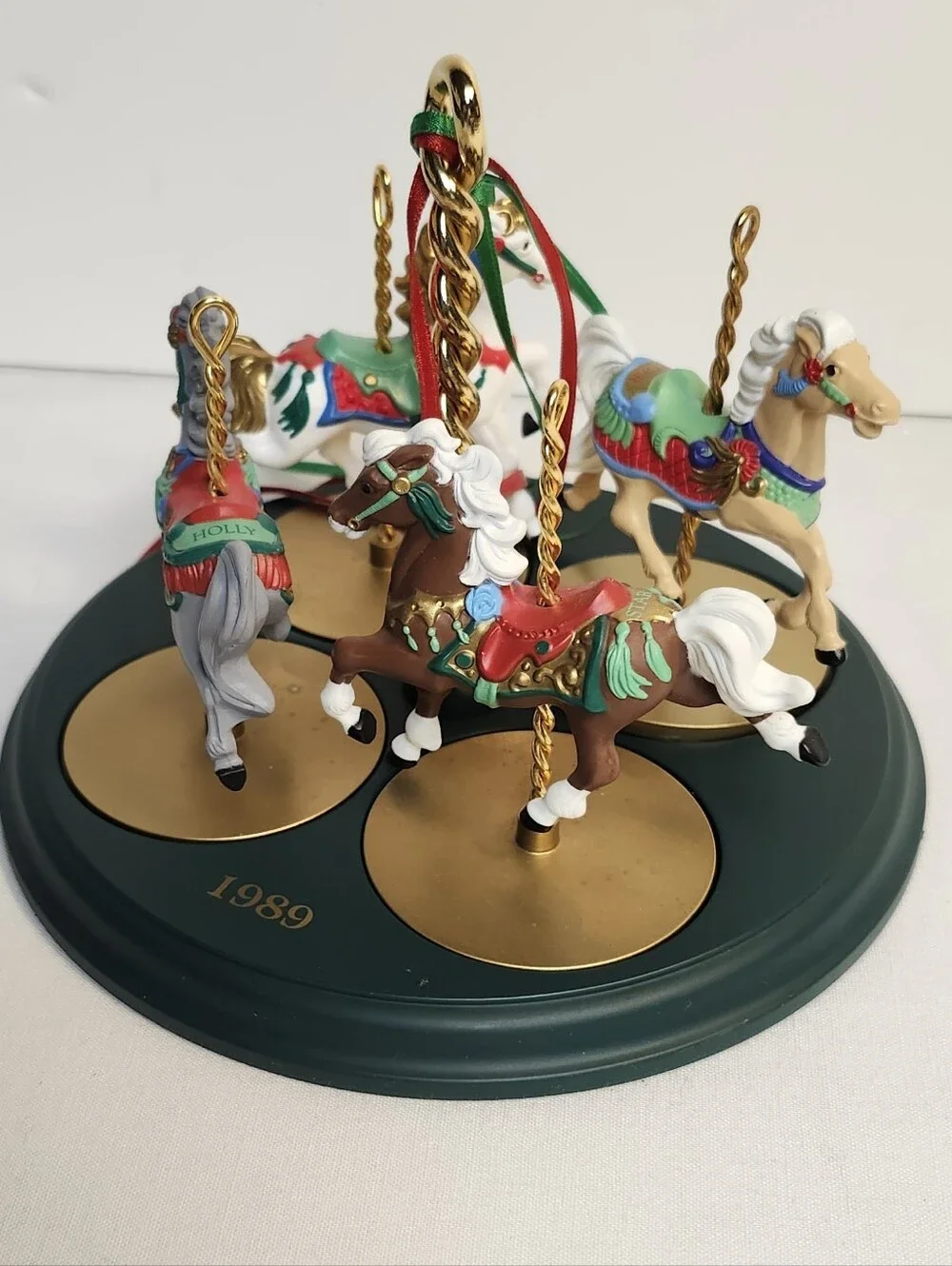 1989 Halmark Holiday Carousel Horse Ornament Set - Green & Multicolor